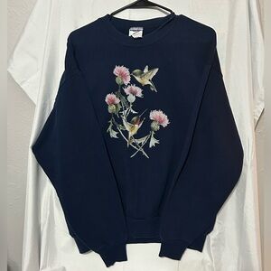 JERZEES Vintage Floral & Hummingbirds Print Appliqué Navy Blue Sweatshirt - L